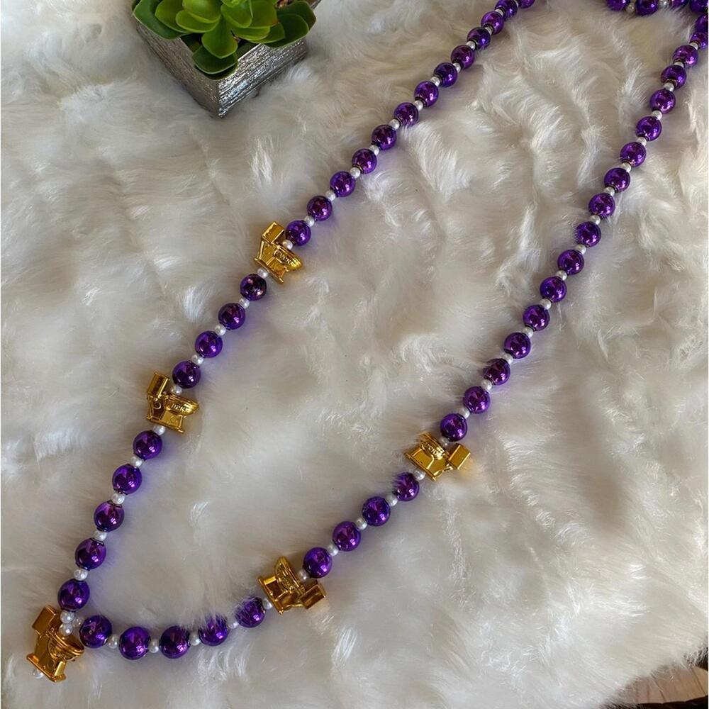 Mardi Gras Purple Beaded Necklace with Gold Tone Pendants